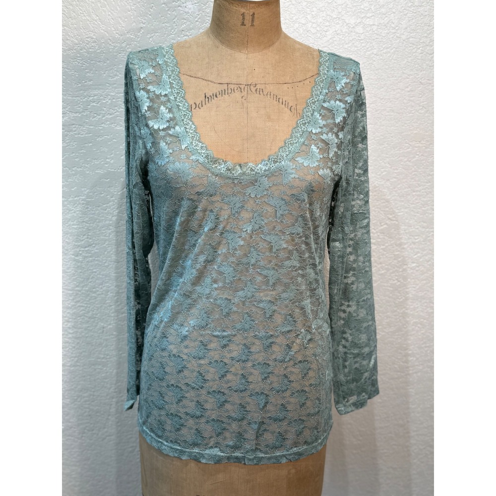 A Rare Bird Teal‎ Blue Floral Lace Long Sleeve Sheer Top Women's Small Med NWT
